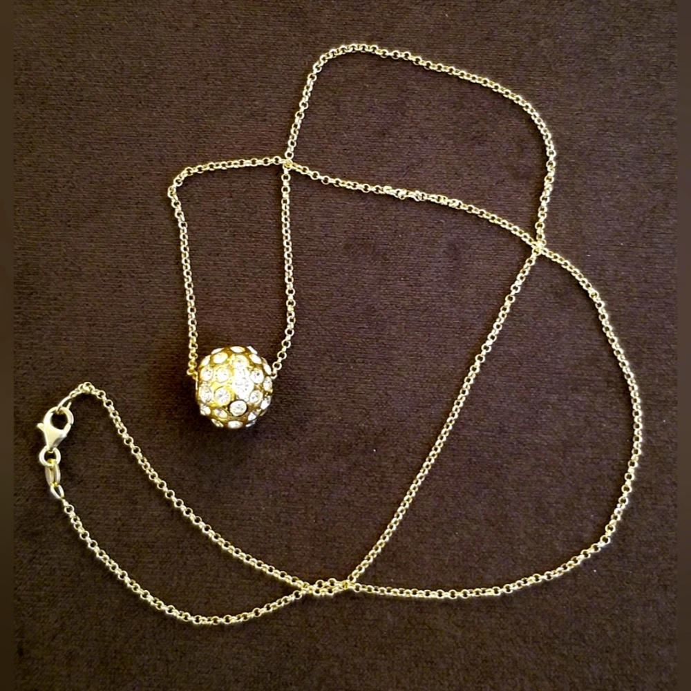 GOLD PLATED 23" .925 STERLING SILVER NECKLACE W/ PAVE CRYSTAL BALL - ITALY